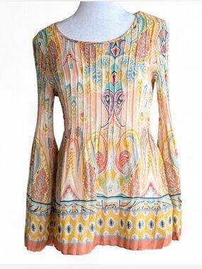 Melissa Paige Peach Multicolor Paisley Long Sleeve Scoop Neck Top
